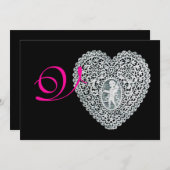 CUPID LACE HEART MONOGRAM, roze fuchsie Aankondiging (Voorkant / Achterkant)