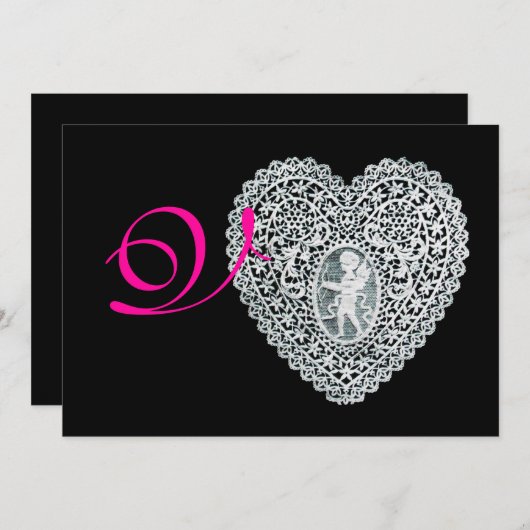 CUPID LACE HEART MONOGRAM, roze fuchsie Aankondiging (Voorkant / Achterkant)