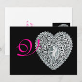 CUPID LACE HEART MONOGRAM, roze fuchsie Aankondiging (Voorkant / Achterkant)