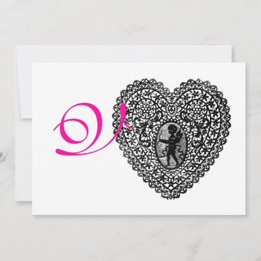 CUPID LACE HEART MONOGRAM, roze fuchsie Aankondiging (Voorkant)
