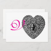CUPID LACE HEART MONOGRAM, roze fuchsie Aankondiging (Voorkant / Achterkant)