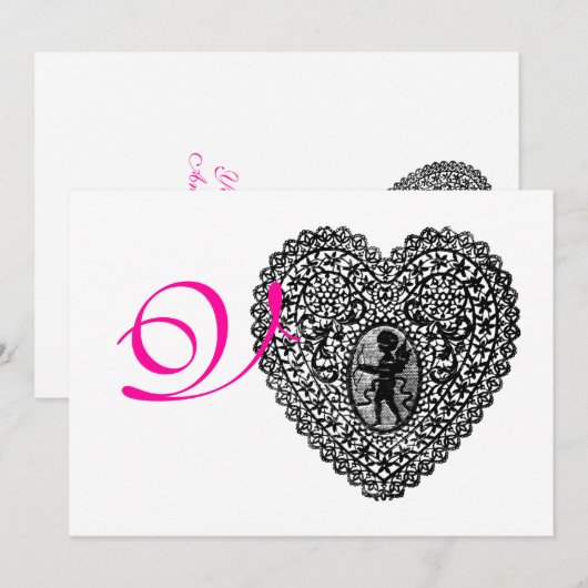 CUPID LACE HEART MONOGRAM, roze fuchsie Aankondiging (Voorkant / Achterkant)