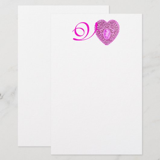 CUPID LACE HEART MONOGRAM, roze fuchsie Briefpapier (Voorkant / Achterkant)