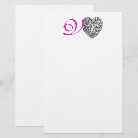 CUPID LACE HEART MONOGRAM, roze fuchsie Briefpapier (Voorkant / Achterkant)