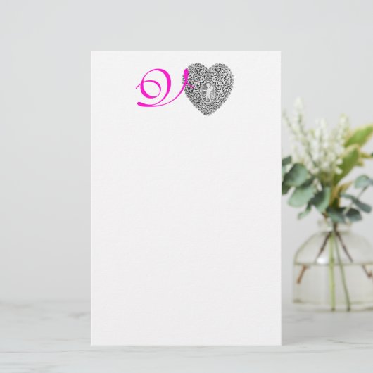 CUPID LACE HEART MONOGRAM, roze fuchsie Briefpapier (Staand voorkant)