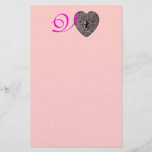 CUPID LACE HEART MONOGRAM, roze fuchsie Briefpapier (Voorkant)