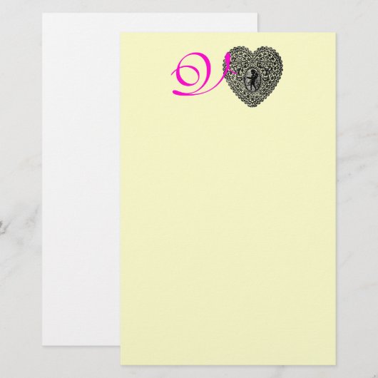 CUPID LACE HEART MONOGRAM, roze fuchsie Briefpapier (Voorkant / Achterkant)