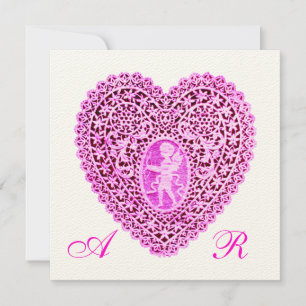 CUPID LACE HEART MONOGRAM, roze fuchsie vilt papie Aankondiging
