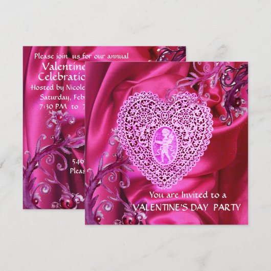 CUPID LACE HEART OP PINK FUCHSIA SILK CLOTH KAART (Voorkant / Achterkant)