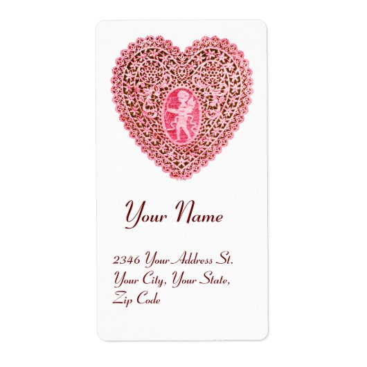 CUPID LACE HEART, roze rood wit Etiket (Voorkant)