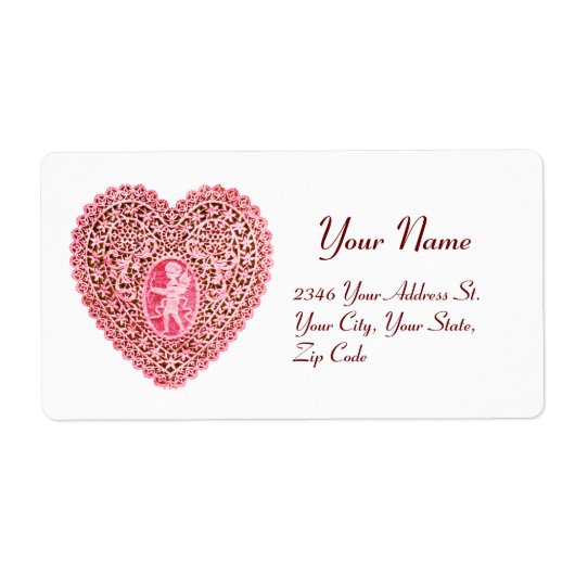 CUPID LACE HEART, roze rood wit Etiket (Voorkant)