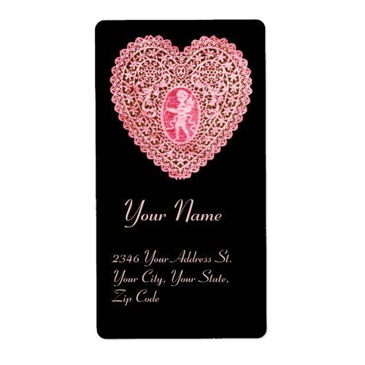 CUPID LACE HEART, roze rood zwart Etiket (Voorkant)