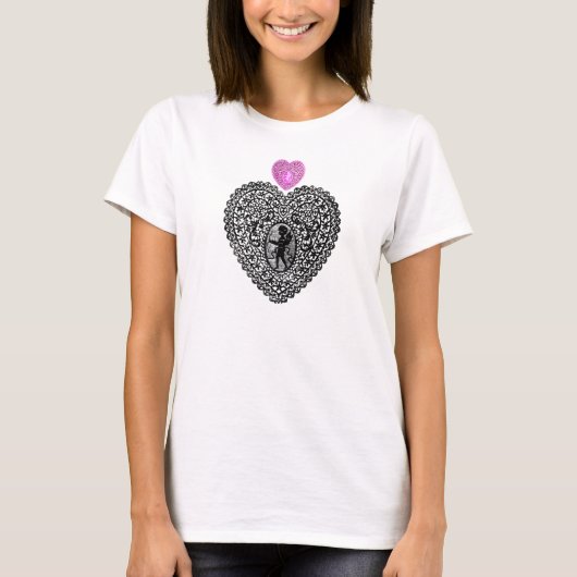 CUPID LACE HEART, zwart-wit roze T-shirt (Voorkant)