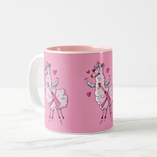 Cupid Llama voor Valentijnsdag Tweekleurige Koffiemok (Voorkant links)