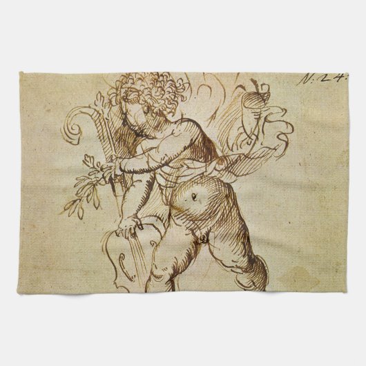 Cupid met een Violin door Domenico Campagnola Theedoek (Horizontaal)