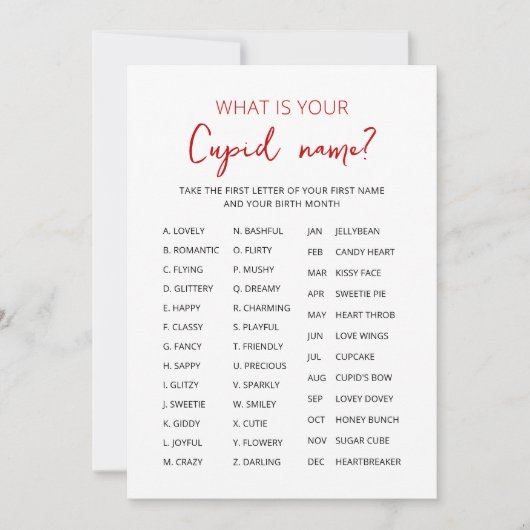 Cupid Naam Game Valentijnsdag Partijspel Kaart (Voorkant)
