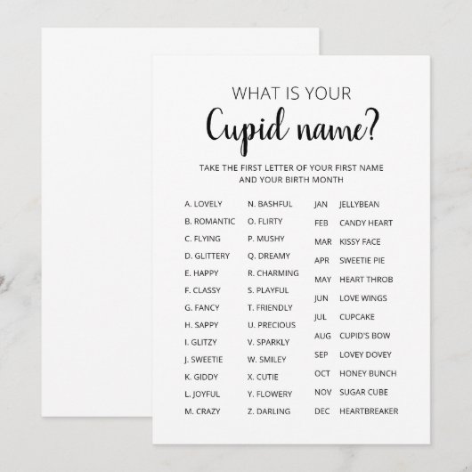 Cupid Name Game Valentijnsdag Party game Kaart (Voorkant / Achterkant)