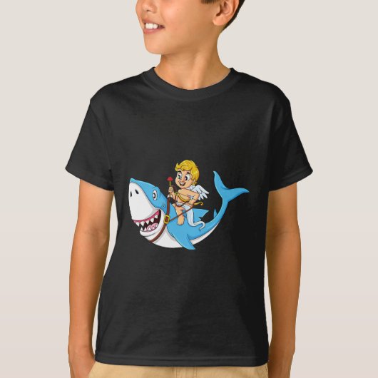 Cupid Riding Shark Valentijnsdag Fun Boys Meisjes  T-shirt (Voorkant)