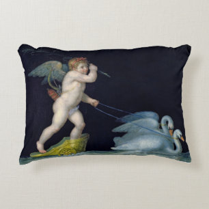 Cupid wordt geleid door een paar zwanen (olie op h accent kussen