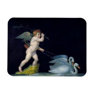 Cupid wordt geleid door een paar zwanen (olie op h magneet