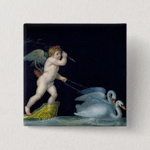 Cupid wordt geleid door een paar zwanen (olie op h vierkante button 5,1 cm