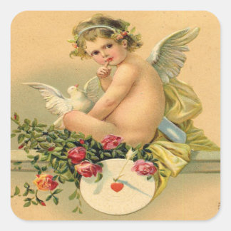 , Cupido Angel, Duif en Rozen Vierkante Sticker