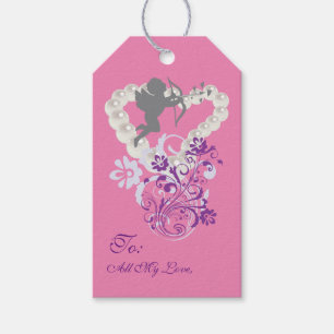 Cupido Bloemen Parels Hart Roze Gift Label Cadeaulabel
