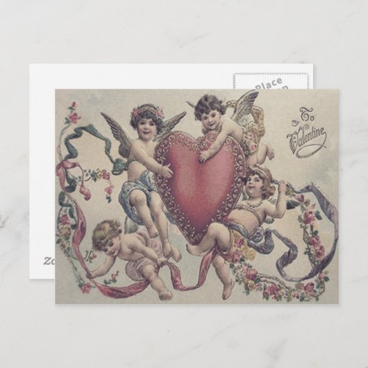 Cupido Cherub Engel Hart Bloemen Briefkaart (Voorkant / Achterkant)