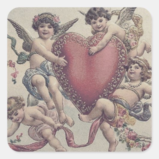 Cupido Cherub Engel Hart Bloemen Vierkante Sticker (Voorkant)