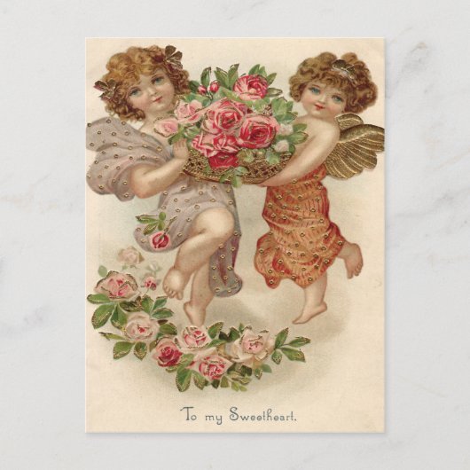 Cupido Cherubijn Engel Mandje Rozen Roos Briefkaart (Voorkant)