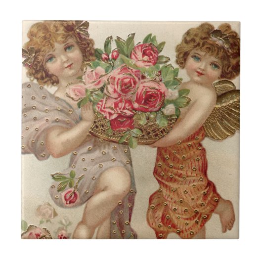 Cupido Cherubijn Engel Mandje Rozen Roos Tegeltje (Voorkant)