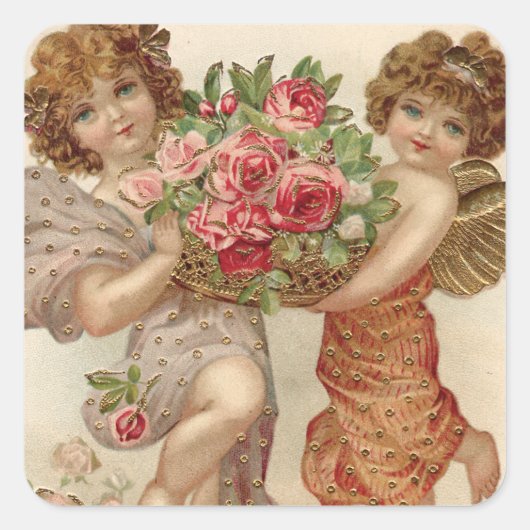 Cupido Cherubijn Engel Mandje Rozen Roos Vierkante Sticker (Voorkant)