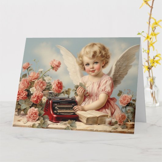 Cupido engel schrijft een liefdesbrief kaart (Gele Bloem)