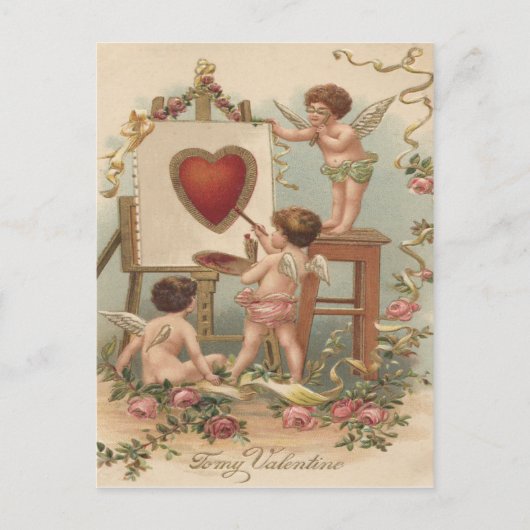 Cupido Hart Schilderen Rozen Roos Briefkaart (Voorkant)
