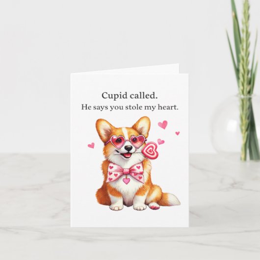 Cupido Heeft Gebeld – Grappige Corgi Valentijnsdag Kaart (Voorkant)