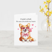 Cupido Heeft Gebeld – Grappige Corgi Valentijnsdag Kaart (Gele Bloem)