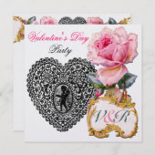 CUPIDO KANTEN HART EN ROZE ROOS VALENTIJN MONOGRAM KAART (Voorkant / Achterkant)