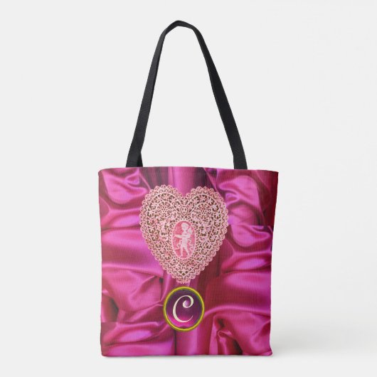 CUPIDO KANTEN HART ZIJDE ROZE FUCHSIA STOF MONOGRA TOTE BAG (Achterkant)