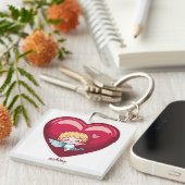 Cupido op Rood Hart met Roze Pijlhoofd Sleutelhanger (Voorkant Rechts)
