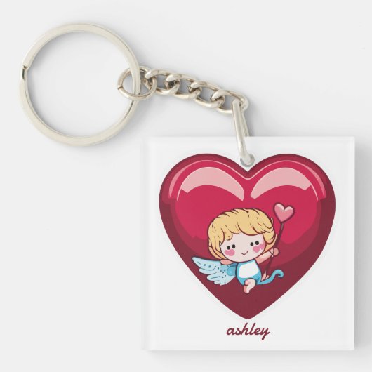 Cupido op Rood Hart met Roze Pijlhoofd Sleutelhanger (voorkant)