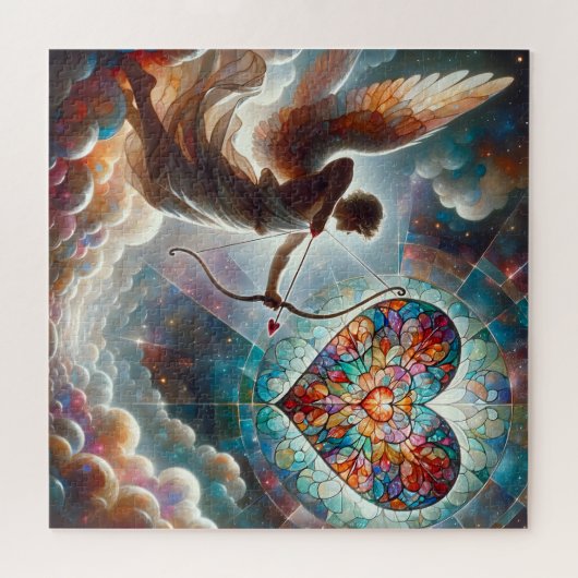 Cupido schiet zijn pijl in een Glas in lood hart Legpuzzel (Horizontaal)
