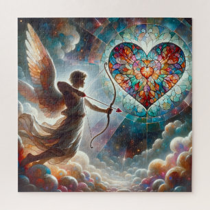 Cupido schiet zijn pijl in een Glas in lood hart Legpuzzel
