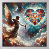 Cupido schiet zijn pijl in een Glas in lood hart Poster (Voorkant)