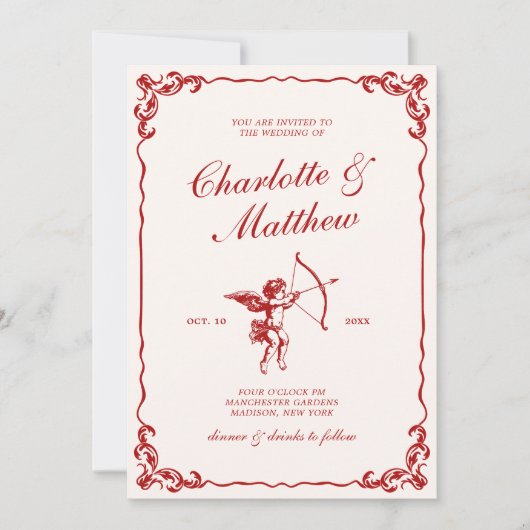 Cupido's Arrow Red Vintage Wedding Kaart (Voorkant)