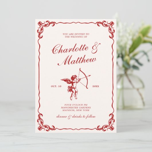Cupido's Arrow Red Vintage Wedding Kaart (Staand voorkant)