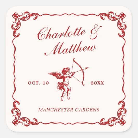 Cupido's Arrow Red Vintage Wedding Vierkante Sticker (Voorkant)