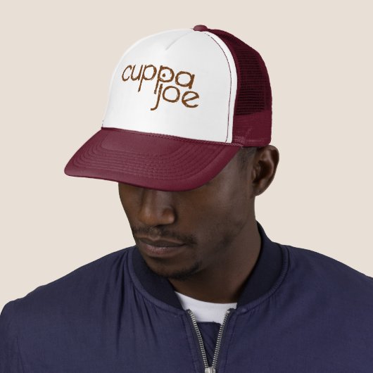 cuppa joe logo in brown - trucker pet (In situ)