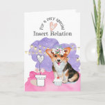 Cuppy FOR HER pink purple string lights verse Kaart<br><div class="desc">A beautiful pink and purple watercolor splash background has the adorable illustration of a puppy sitting in front of a cupcake that has frosted white icing and a red cherry on top of it. Het Pembroke Welsh Corgi is sitting next to a whimsical hand drawn white pot plant that has...</div>