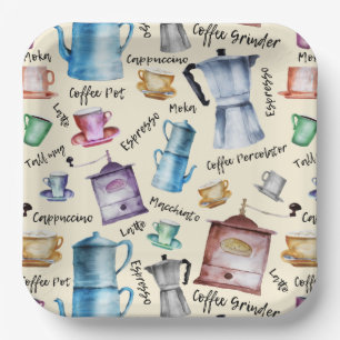 Cups van koffiezetapparaten met Waterverf-retro-cu Papieren Bordje