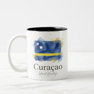 Curaçao Watercolor Vlag Caribische Erfgoed Tweekleurige Koffiemok